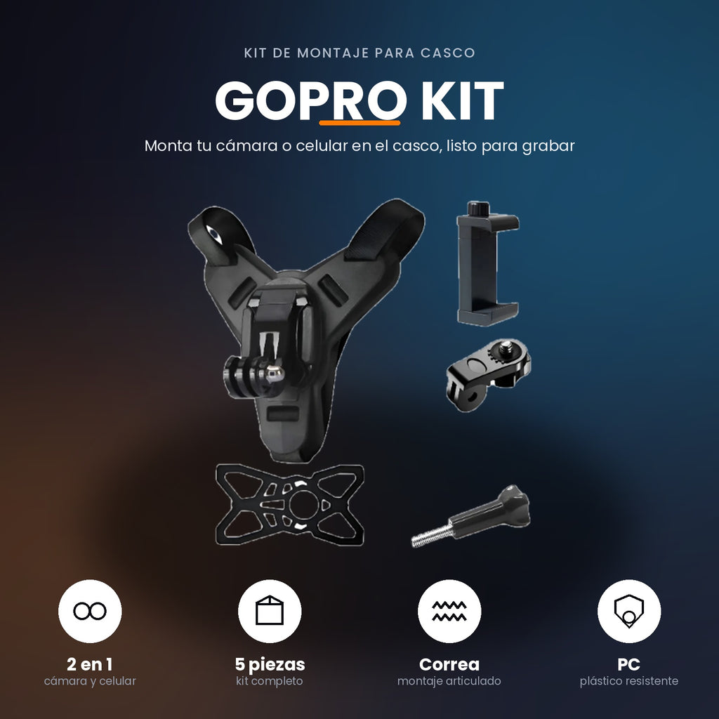 Kit Soporte para Casco de Moto – Montaje 2 en 1 para Cámara GoPro y Celular (5 piezas)