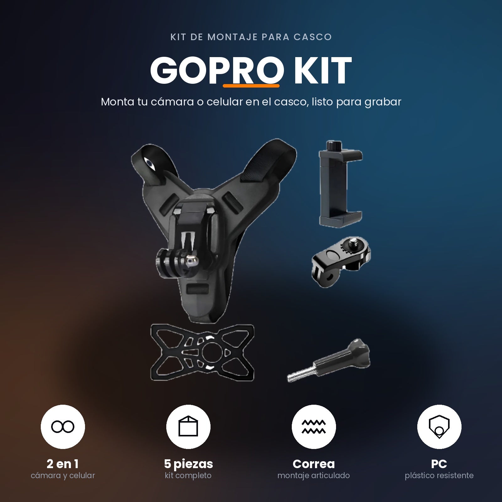 Kit Soporte para Casco de Moto – Montaje 2 en 1 para Cámara GoPro y Celular (5 piezas)