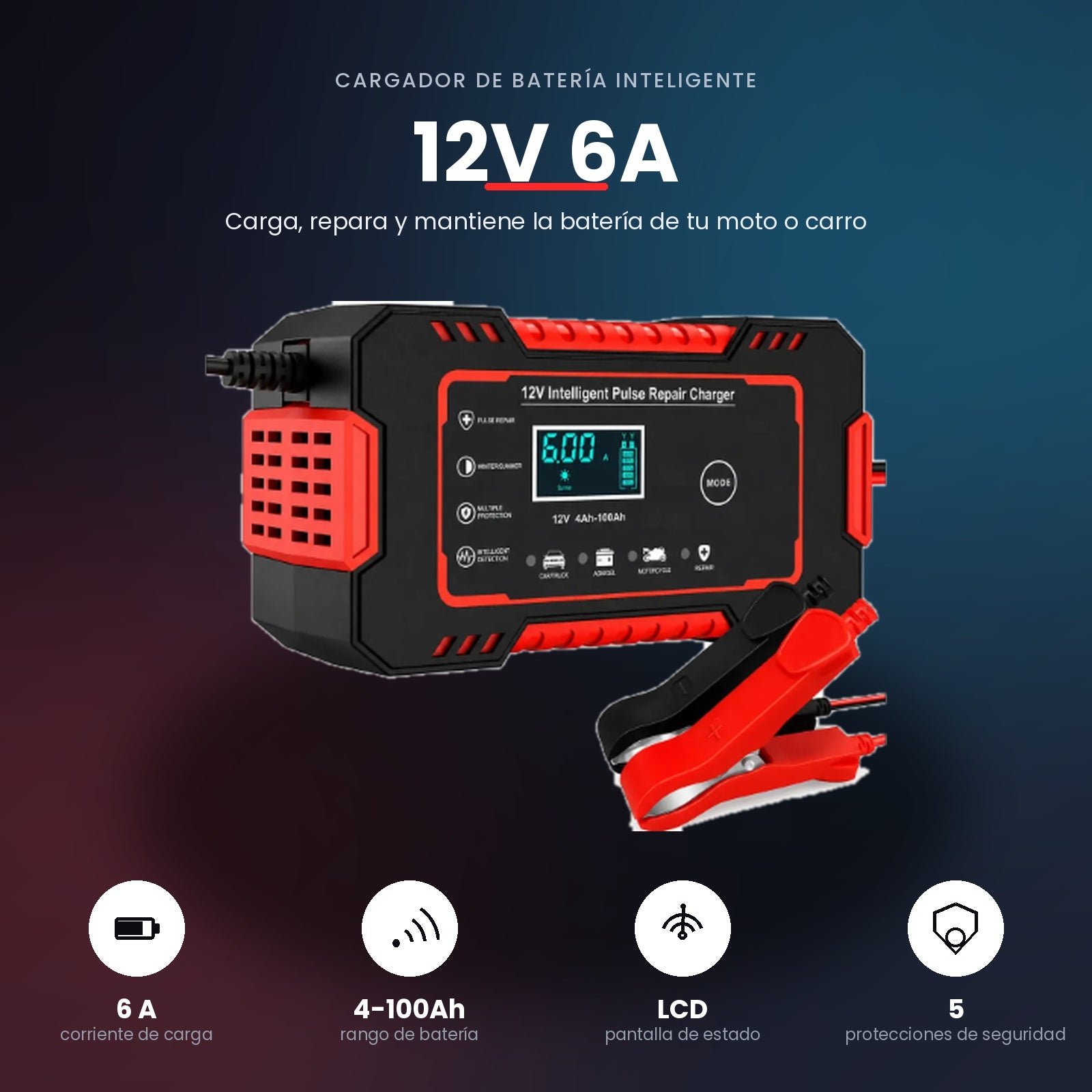 Cargador Inteligente de Batería 12V 6A – Carga, Repara y Mantiene Baterías de Moto y Carro (4Ah-100Ah)