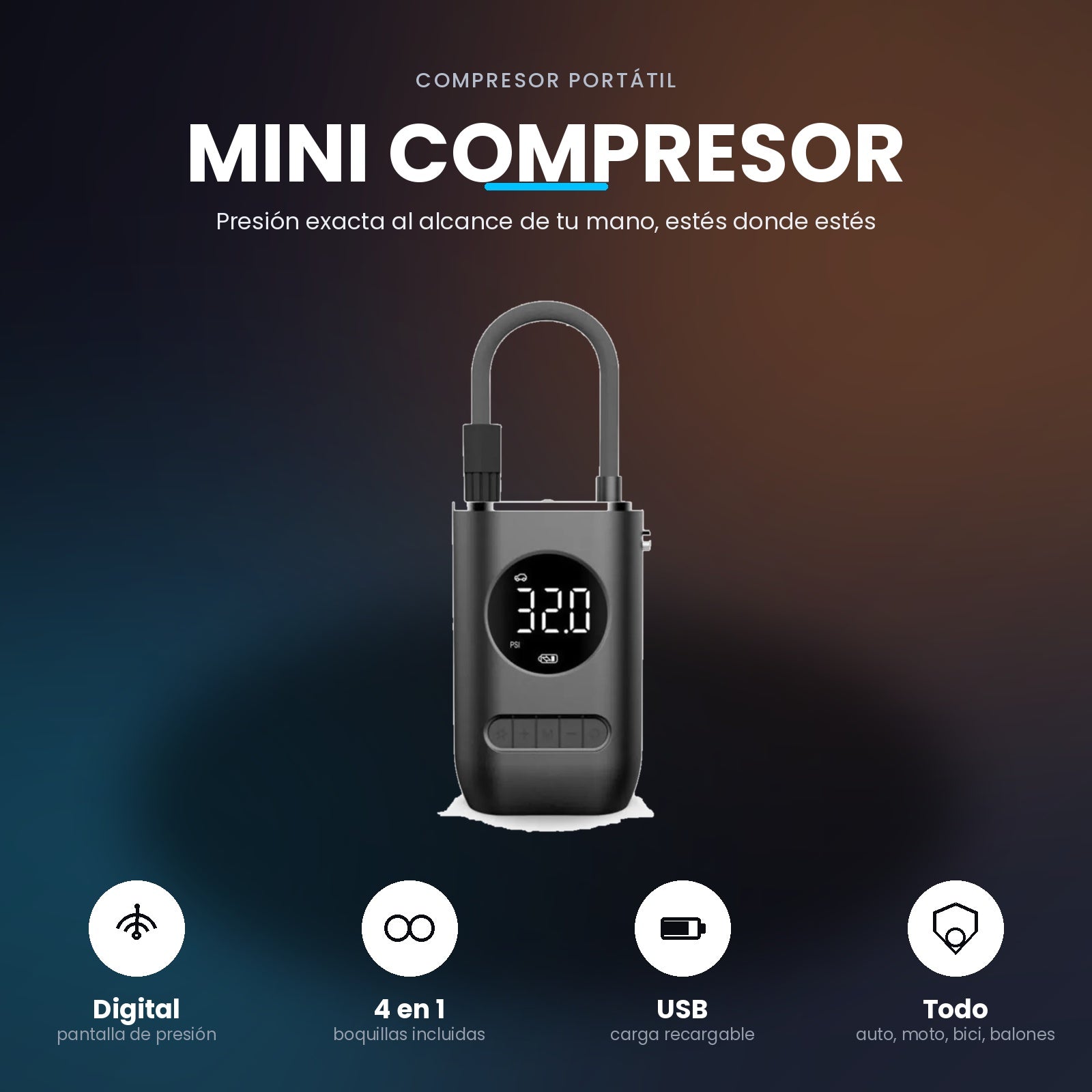 Mini Compresor Portátil con Pantalla Digital – Infla Autos, Motos, Bicicletas y Balones