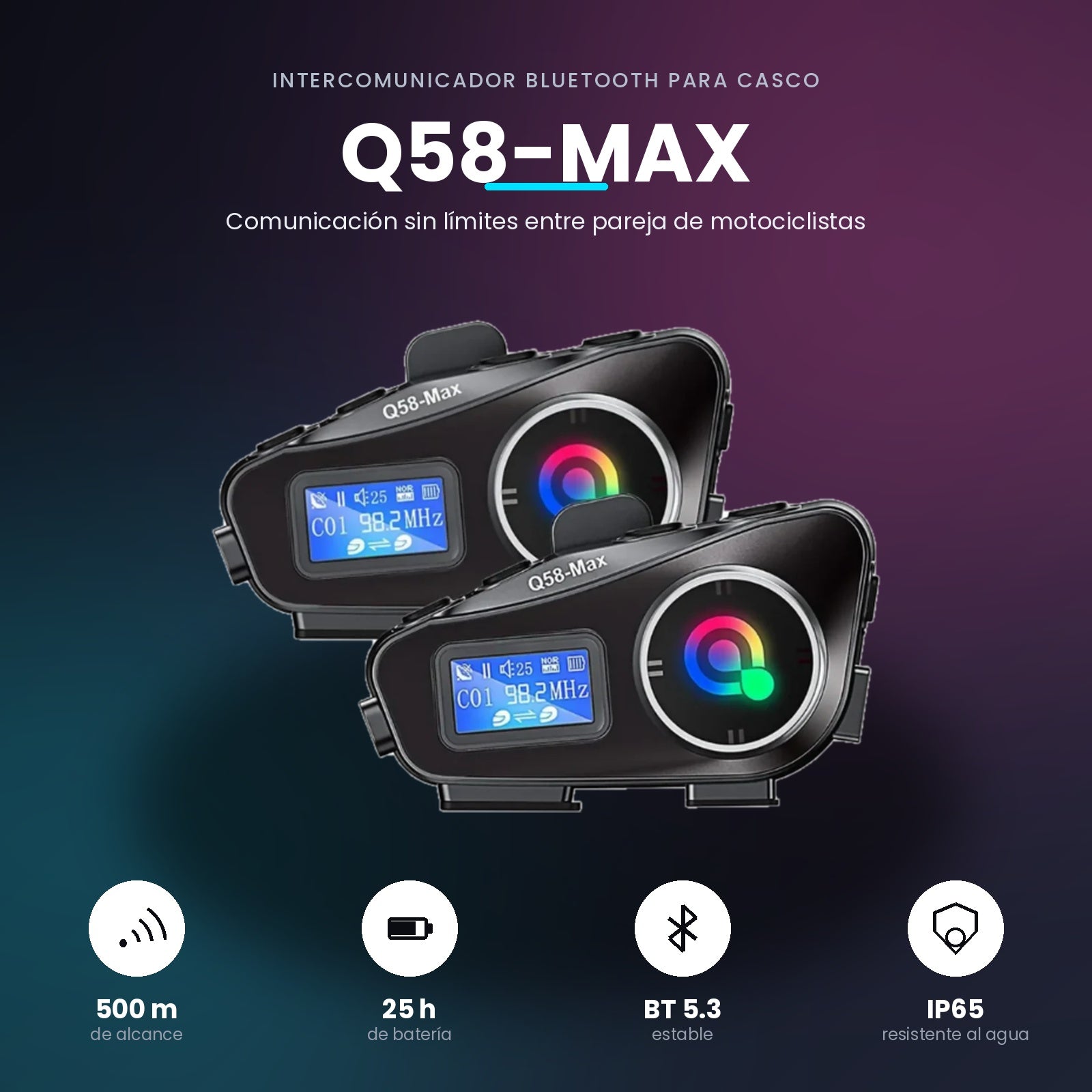 Intercomunicador Bluetooth para Casco de Moto Q58-Max – Pack x2 | Alcance 500m, Radio FM y Batería 25h