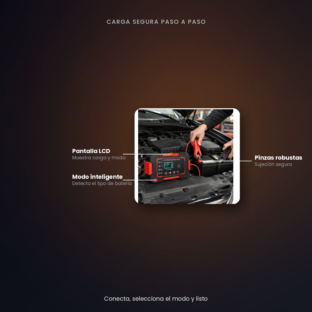 Cargador Inteligente de Batería 12V 6A – Carga, Repara y Mantiene Baterías de Moto y Carro (4Ah-100Ah)