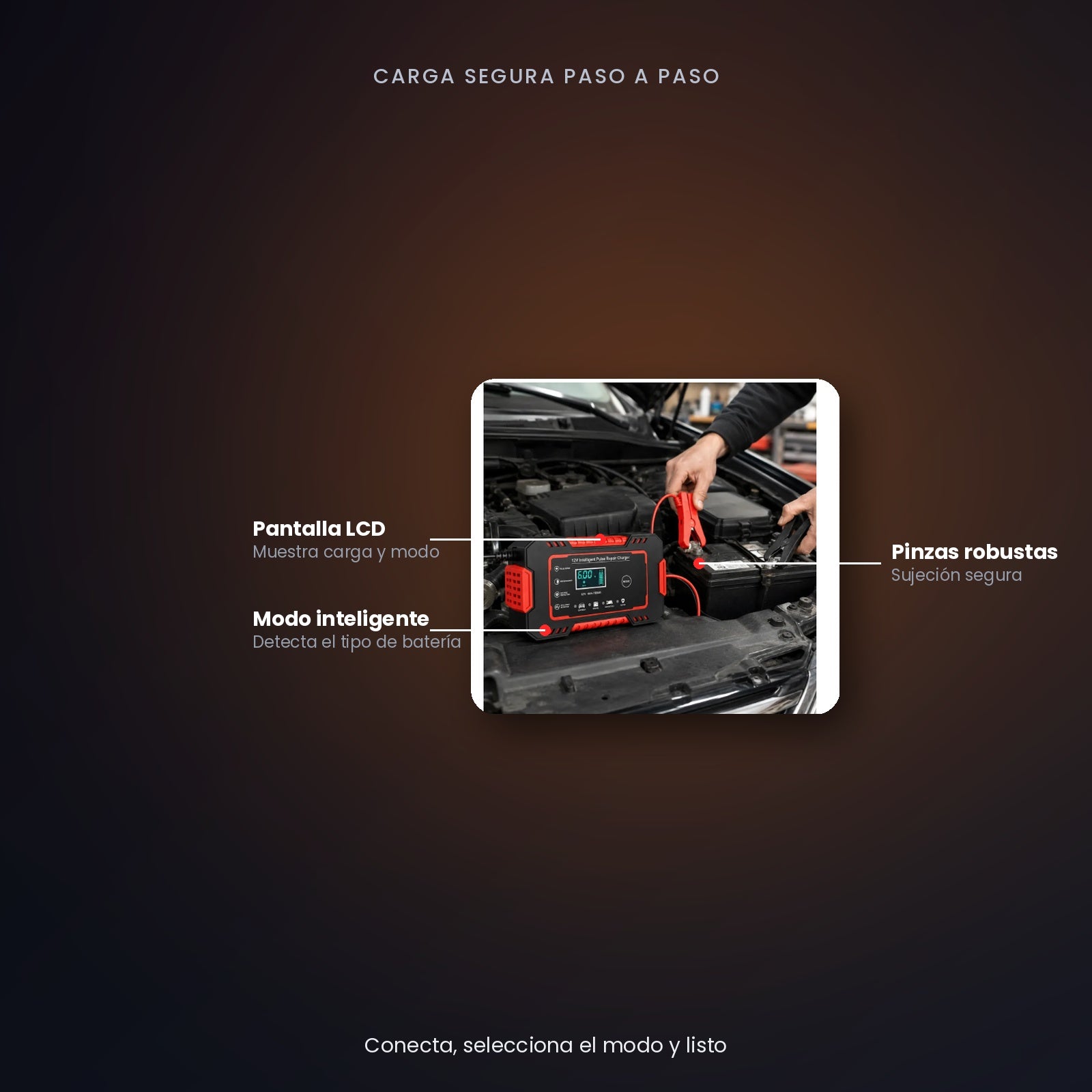 Cargador Inteligente de Batería 12V 6A – Carga, Repara y Mantiene Baterías de Moto y Carro (4Ah-100Ah)