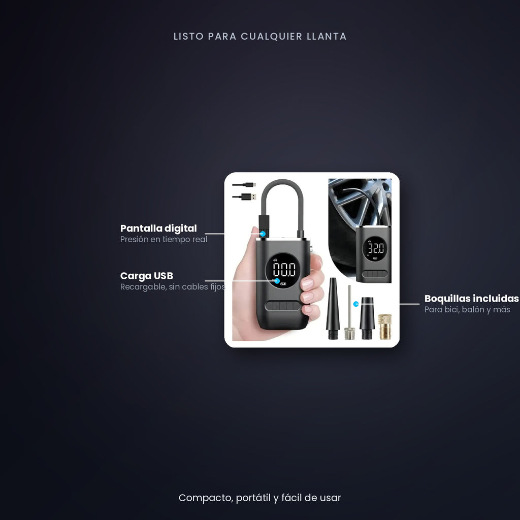 Mini Compresor Portátil con Pantalla Digital – Infla Autos, Motos, Bicicletas y Balones