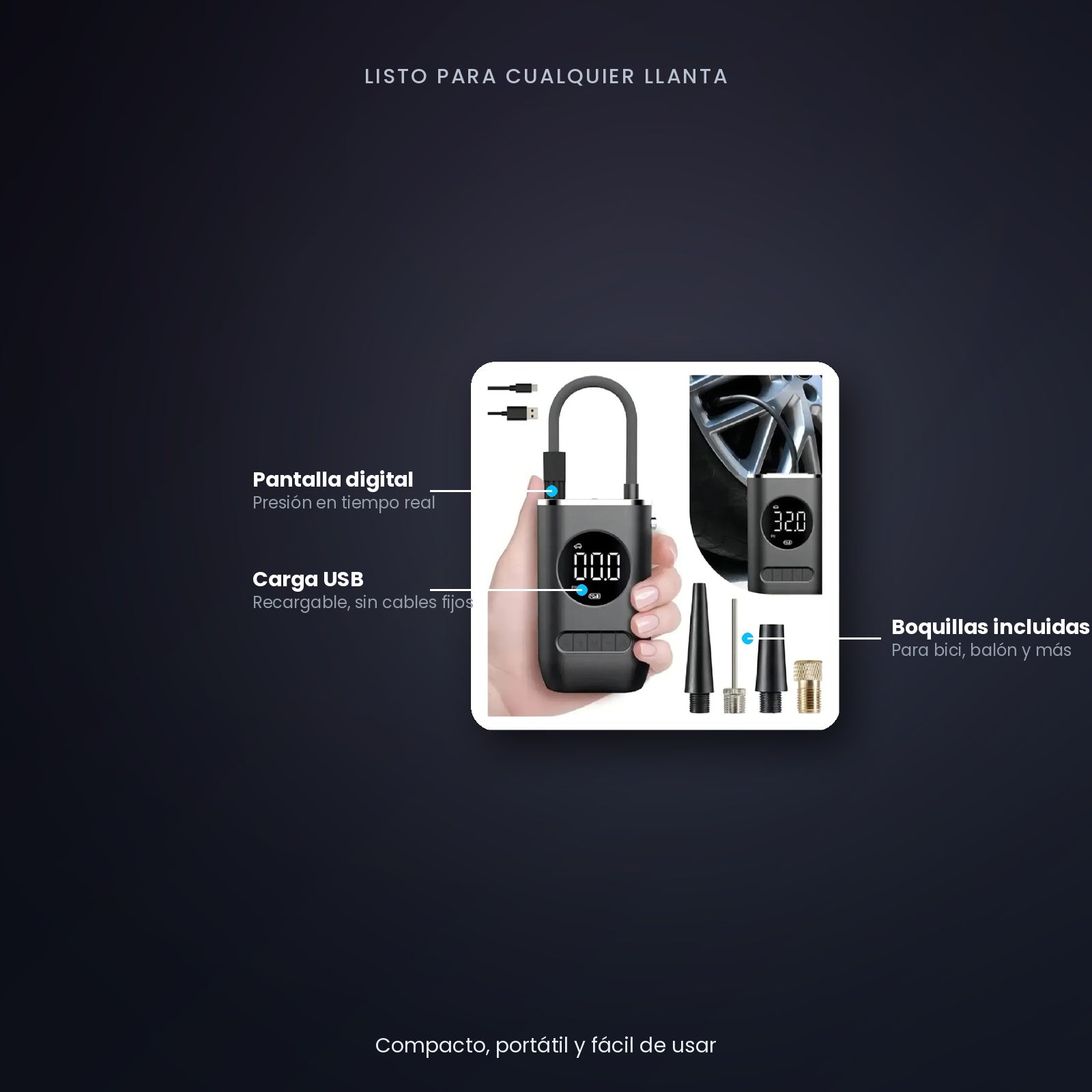 Mini Compresor Portátil con Pantalla Digital – Infla Autos, Motos, Bicicletas y Balones