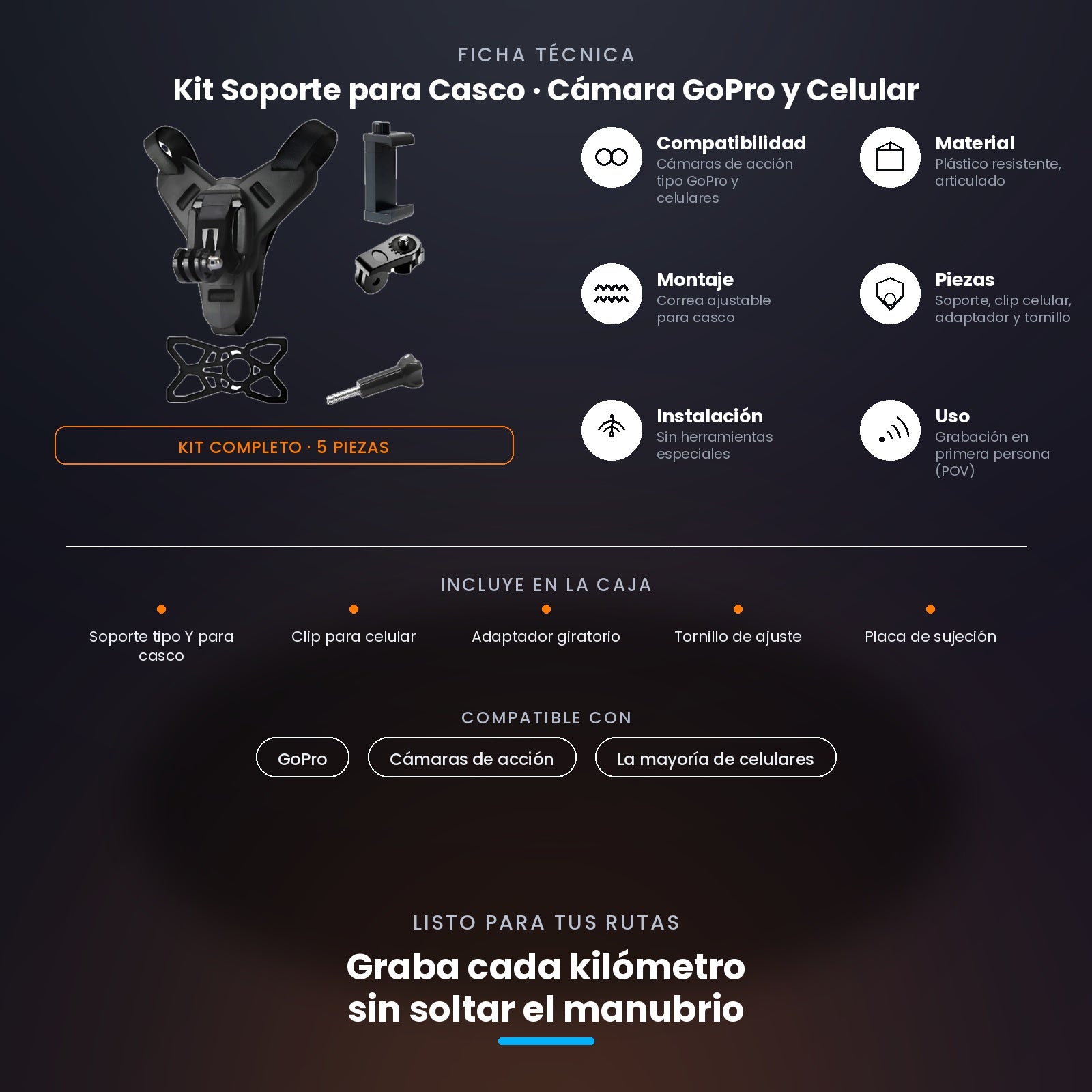 Kit Soporte para Casco de Moto – Montaje 2 en 1 para Cámara GoPro y Celular (5 piezas)