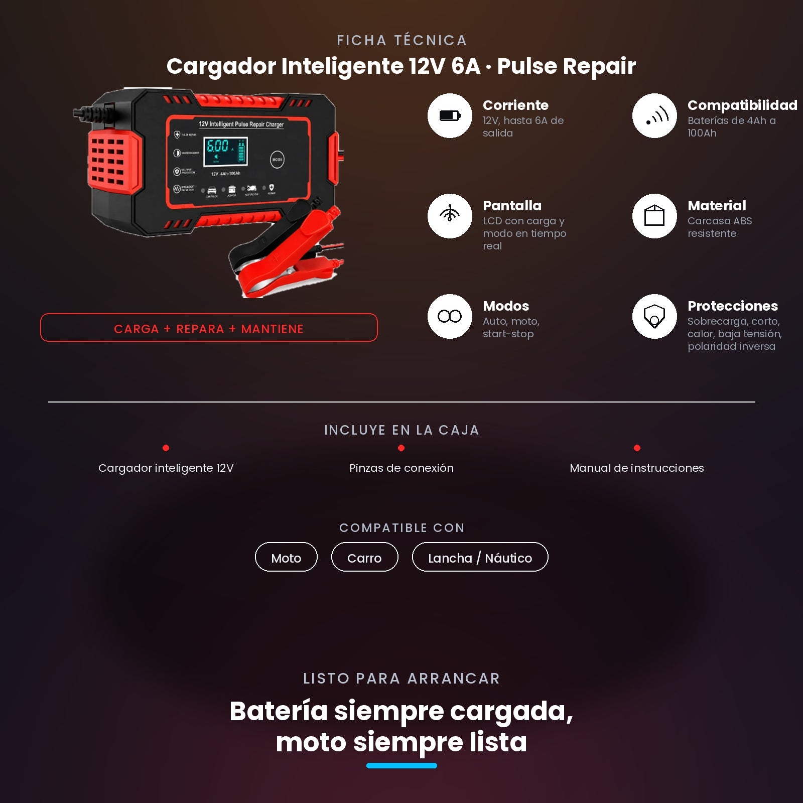 Cargador Inteligente de Batería 12V 6A – Carga, Repara y Mantiene Baterías de Moto y Carro (4Ah-100Ah)