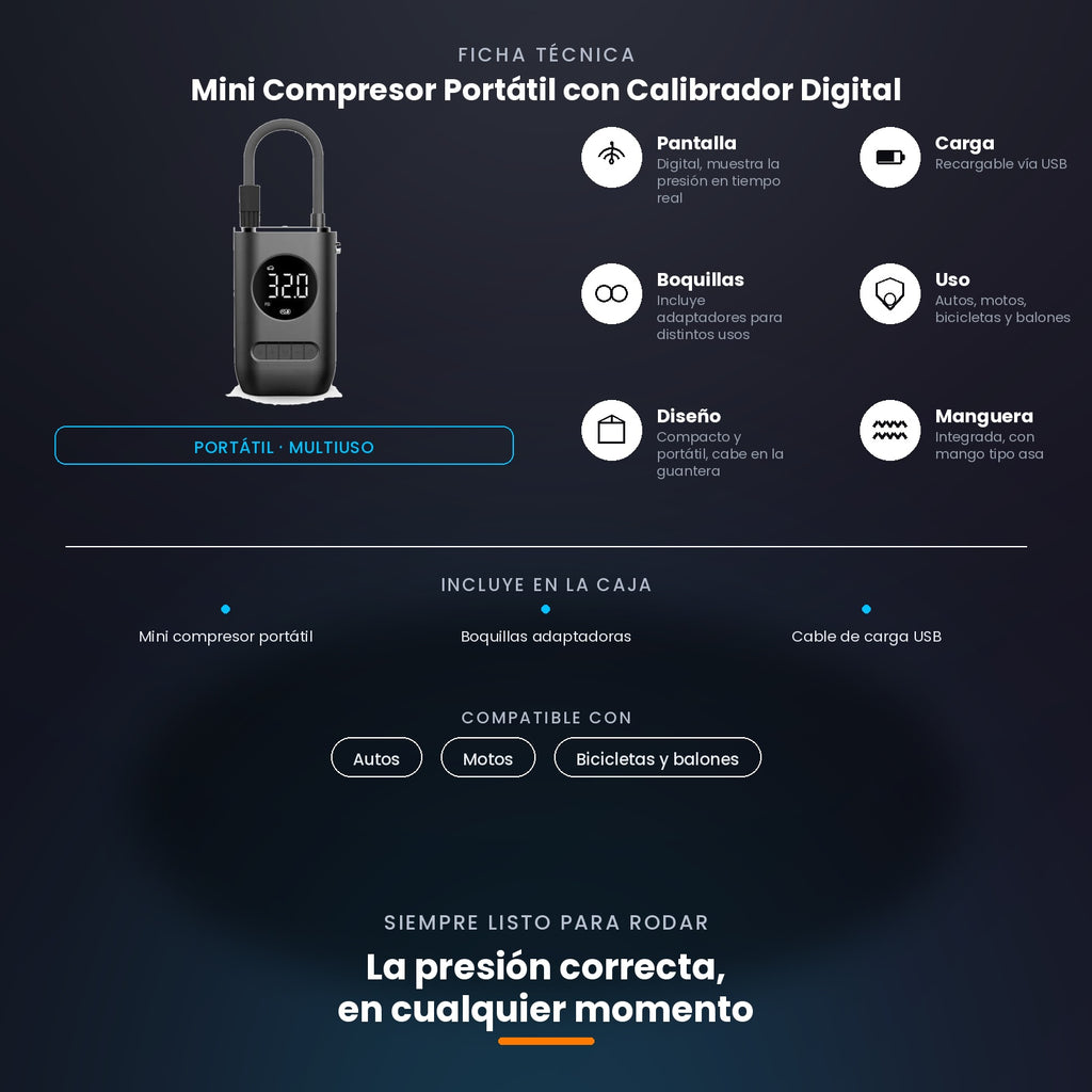 Mini Compresor Portátil con Pantalla Digital – Infla Autos, Motos, Bicicletas y Balones