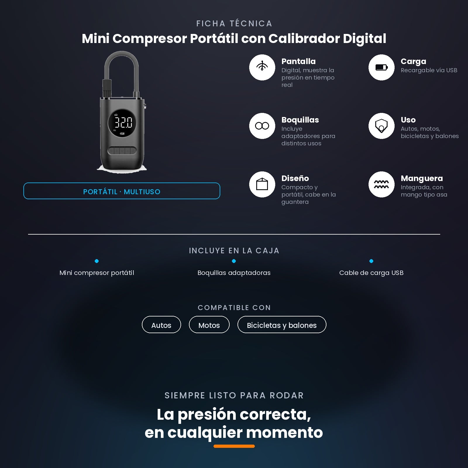 Mini Compresor Portátil con Pantalla Digital – Infla Autos, Motos, Bicicletas y Balones