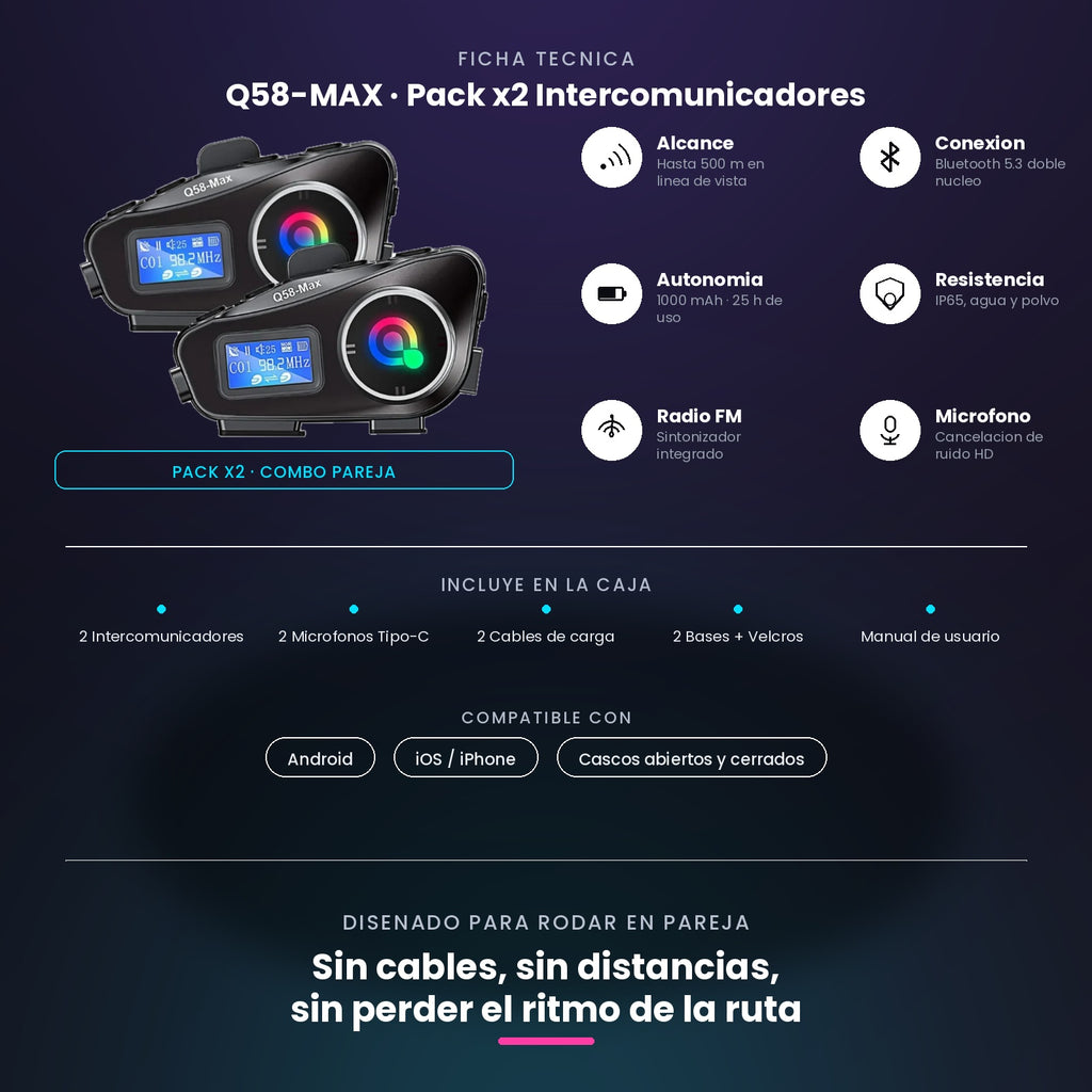 Intercomunicador Bluetooth para Casco de Moto Q58-Max – Pack x2 | Alcance 500m, Radio FM y Batería 25h