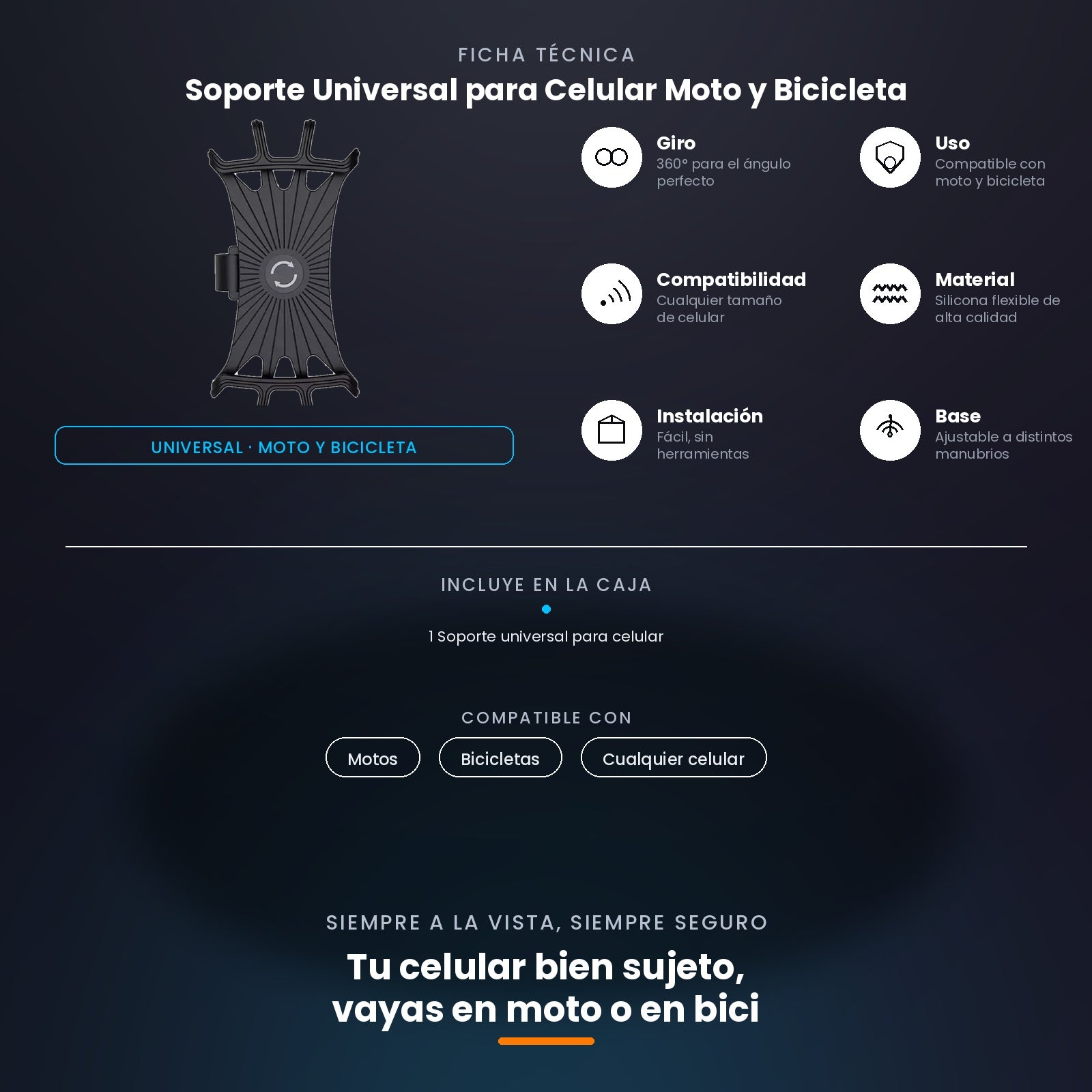 Soporte Universal para Celular Moto y Bicicleta – Giro 360°, Silicona Flexible