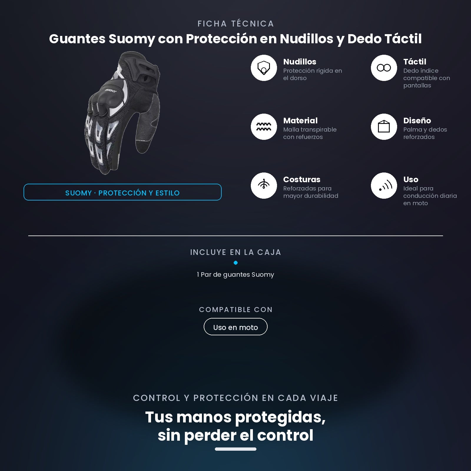 Guantes Suomy para Moto con Protección en Nudillos y Dedo Táctil